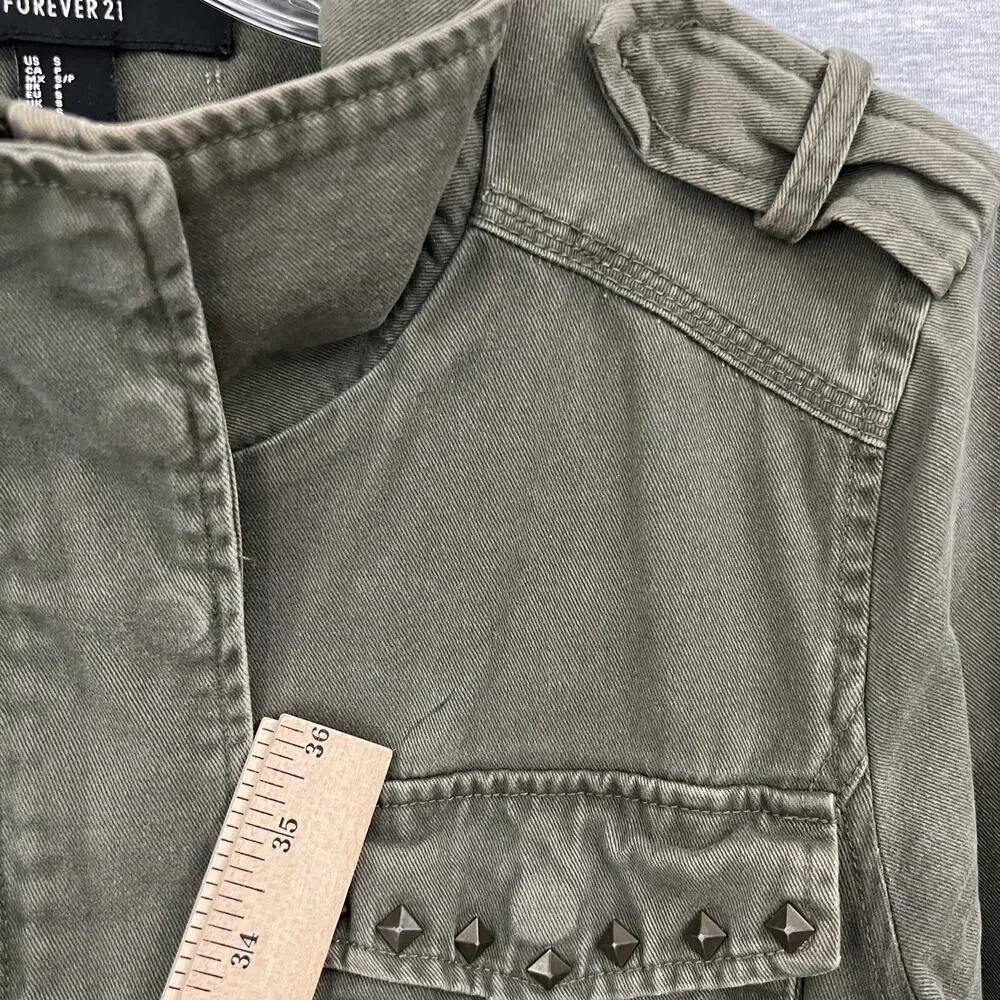 Forever 21 Jacket Womens Small Green Utility Brass Studs Military Army‎ Gorp Zip